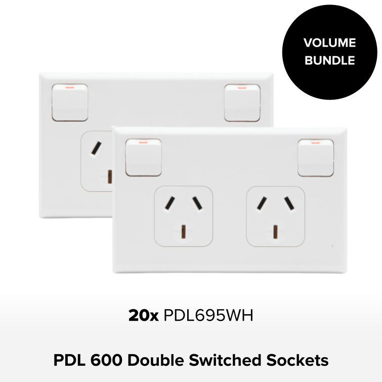 Bundle - PDL 600 Series Socket Outlet, Twin switched, Assembled, Horiz, 250 V, 10 A - White